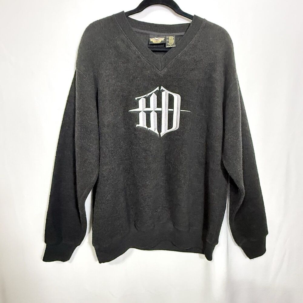 Vintage Harley Davidson Black Deep Pile Fleece V-Neck Sweatshirt Men's L 90s Y2K